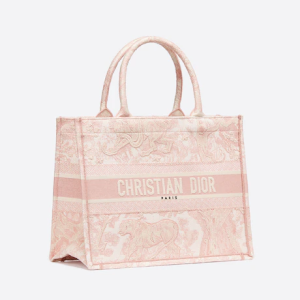 MEDIUM D BOOK TOTE Pink Toile de Jouy Embroidery (36 x 27.5 x 16.5 cm)