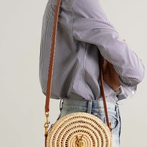 SAINT LAURENT Cassandre Round leather-trimmed raffia shoulder bag