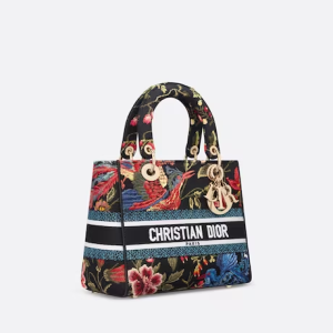 MEDIUM LADY D-LITE BAG Black Multicolor D Birds Embroidery