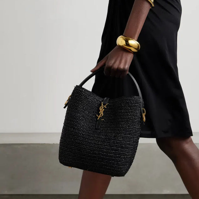 SAINT LAURENT Le 37 leather-trimmed raffia bucket bag - Image 2