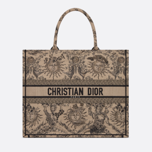 D Book Tote  Beige and Black Toile de Jouy Soleil Embroidery