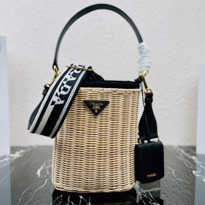 Prada Wicker And Canvas Bucket Bag TanBlack size 18x19x11 cm