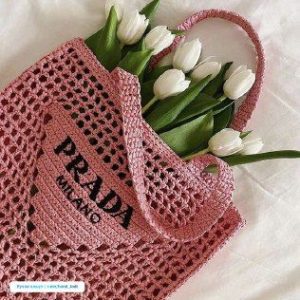 Prada Women's Natural Crochet Tote Bag-Pink