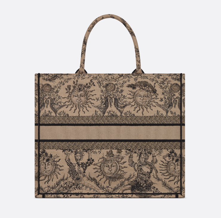 D Book Tote Beige and Black Toile de Jouy Soleil Embroidery - Image 4