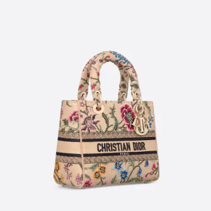 MEDIUM LADY D-LITE BAG Natural Multicolor Raffia Embroidered with D Petites Fleurs