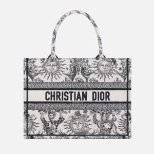D Book Tote  White and Black Toile de Jouy Soleil Embroidery