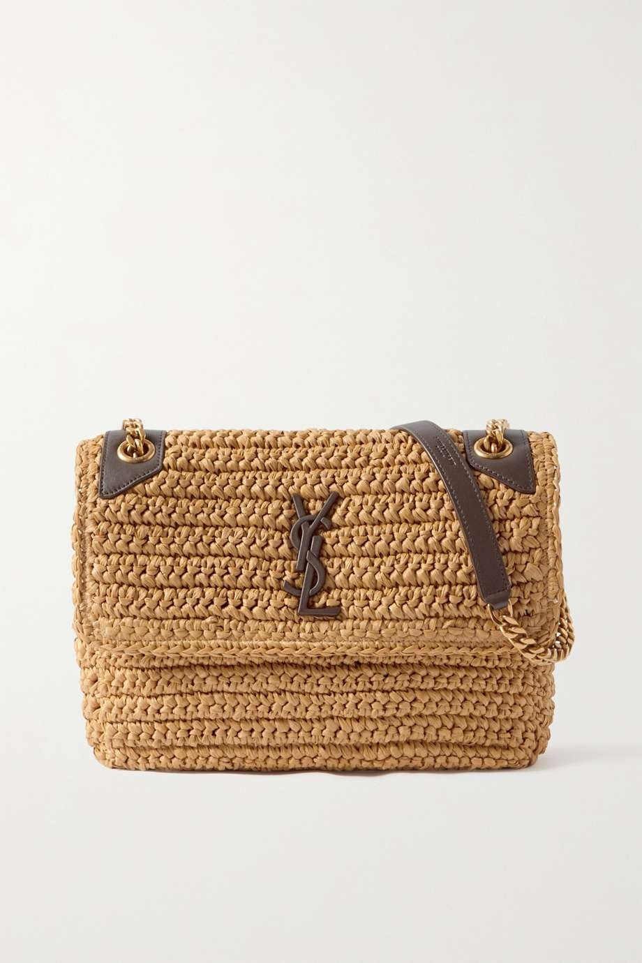 SAINT LAURENT Niki medium leather-trimmed raffia shoulder bag Cream - Image 2
