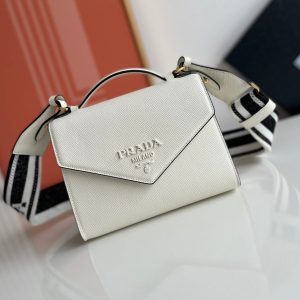 Prada Monochrome Saffiano 21 Leather Bag in White 21x14x6.5cm