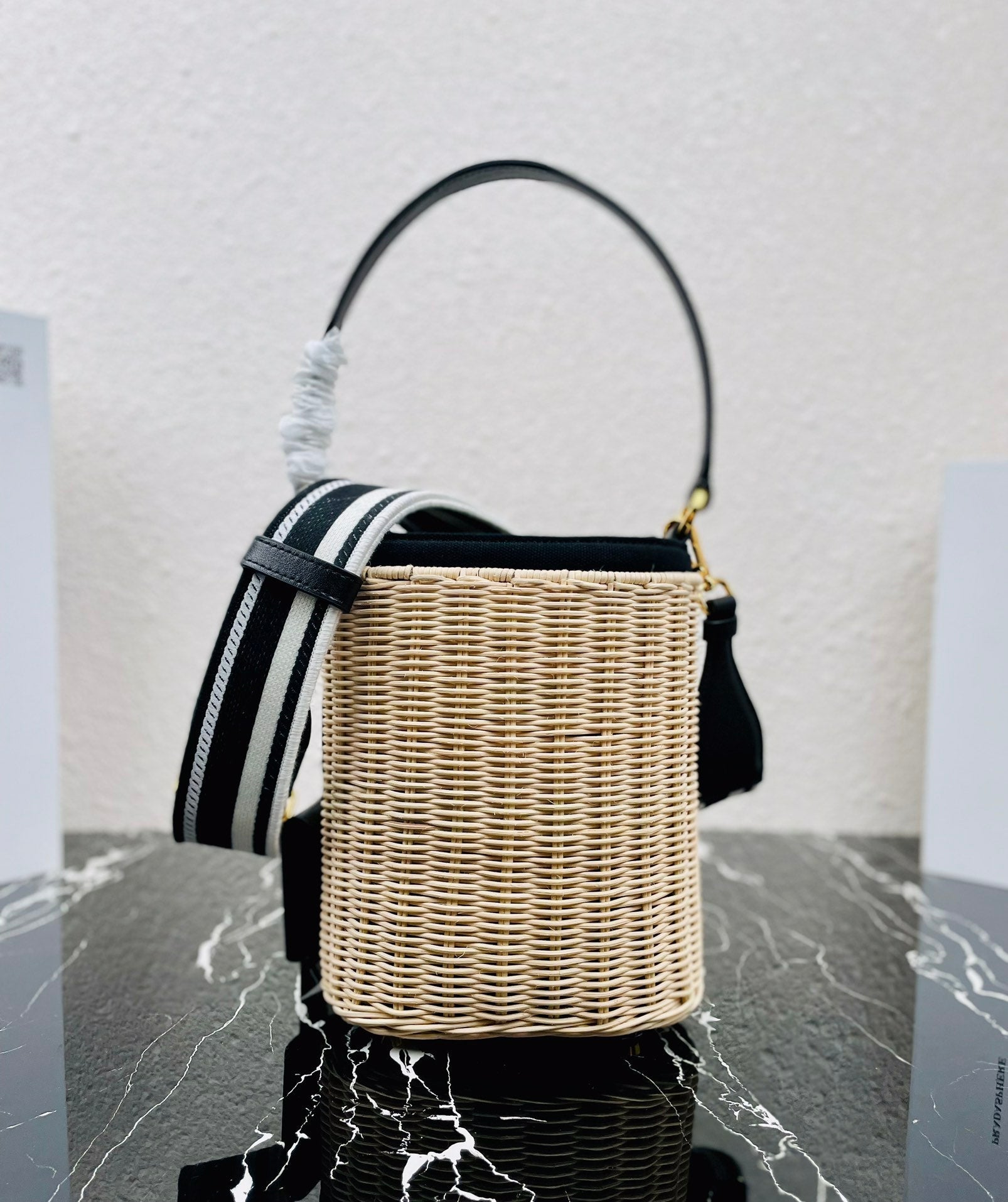 Prada Wicker And Canvas Bucket Bag TanBlack size 18x19x11 cm - Image 3