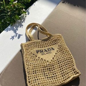 Prada Women's Natural Crochet Tote Bag-Khaki